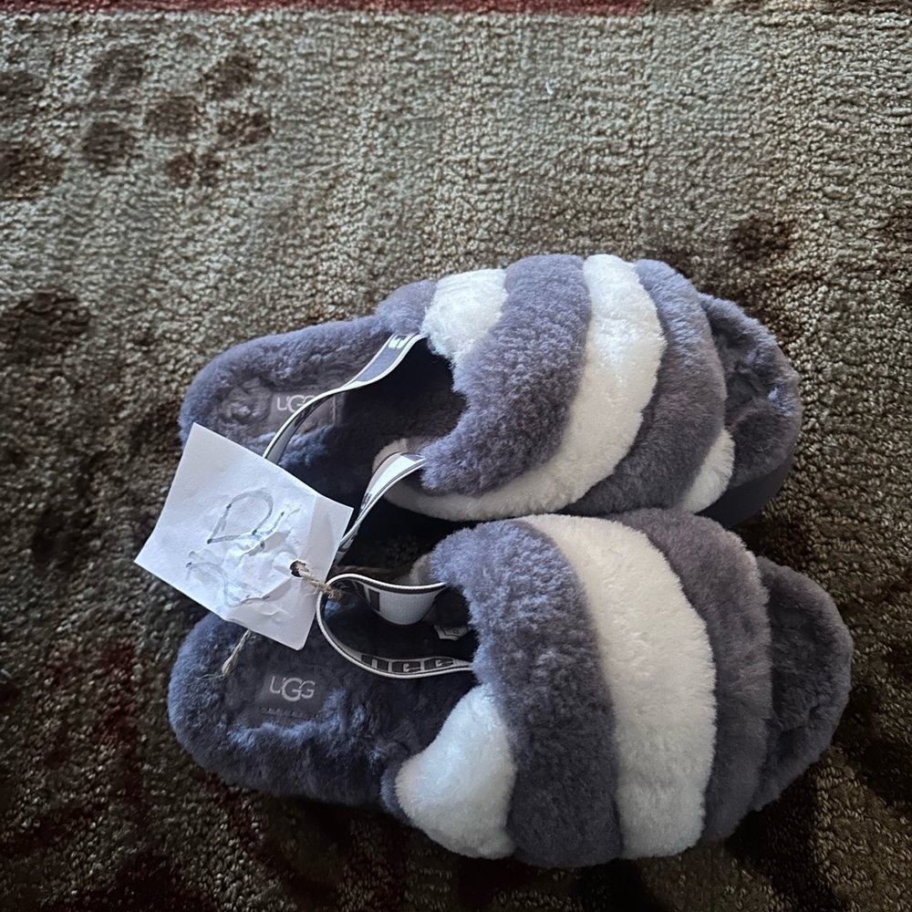 UGG Fluffy Striped Slippers - Purple and Cream